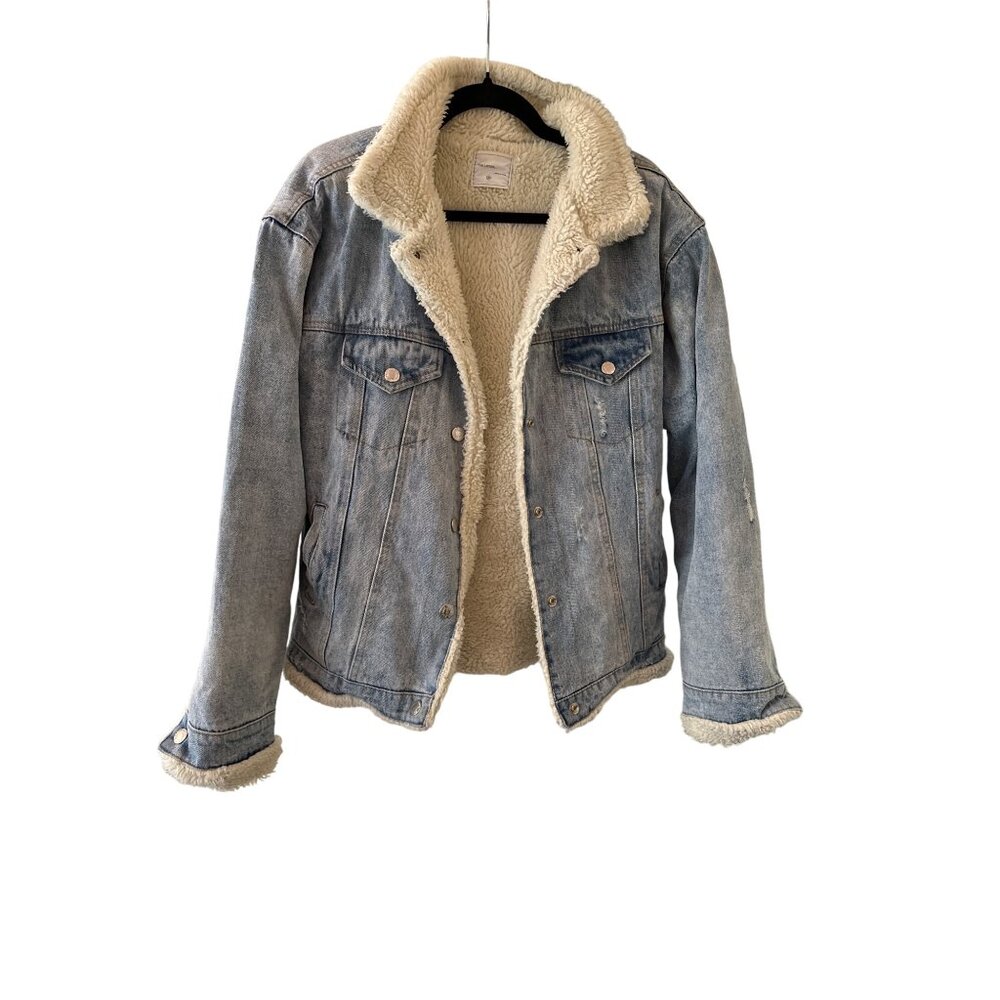 The Lemon Womens Distressed Sherpa-Lined Denim Jacket Western Trucker